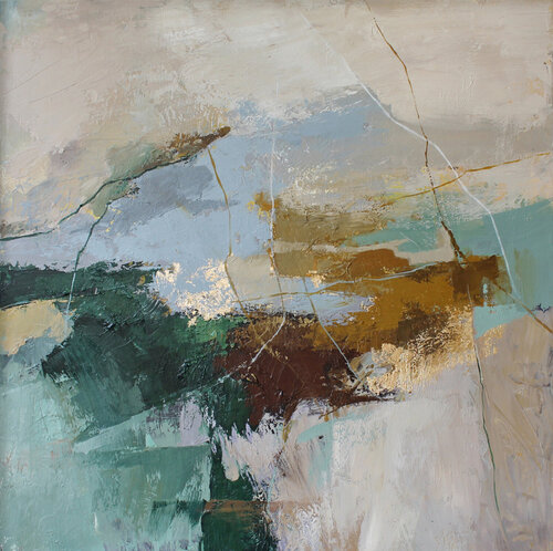 " Iceland " Abstract green brown gold acrylic art van Yana Sagan, Schilderij te koop op Singulart