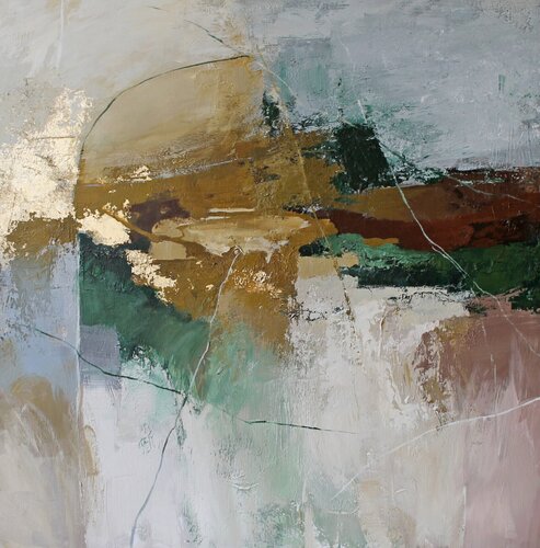 " Iceland 2 " Green brown gold abstract acrylic art van Yana Sagan, Schilderij te koop op Singulart