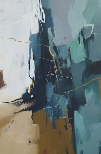 " Influence 3 " Abstract dark teal beige acrylic art van Yana Sagan, Schilderij te koop op Singulart