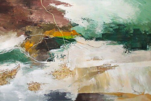 " Green Pulse 2 " Abstract green brown gold acrylic art van Yana Sagan, Schilderij te koop op Singulart