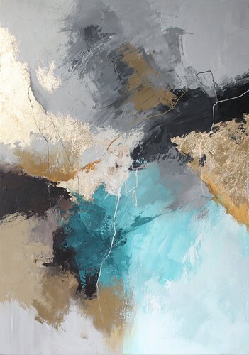 " Blue Rime " Abstract teal gray gold acrylic art van Yana Sagan, Schilderij te koop op Singulart