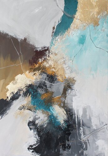 " Blue Rime 2 " Teal gray gold abstract acrylic art di Yana Sagan, Pittura in vendita su Singulart