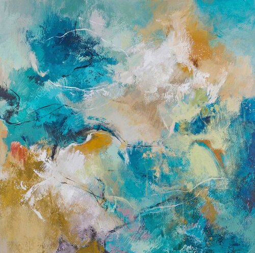 " Earth " Teal orange acrylic abstract art van Yana Sagan, Schilderij te koop op Singulart