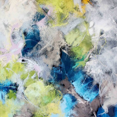" World map " Blue green white acrylic abstract art de Yana Sagan, Pintura a la venta en Singulart