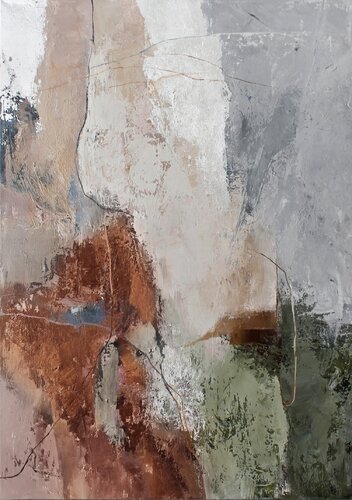 " Orange brume 2" Green copper terracotta abstract acrylic art by Yana Sagan, 회화 for Sale on Singulart