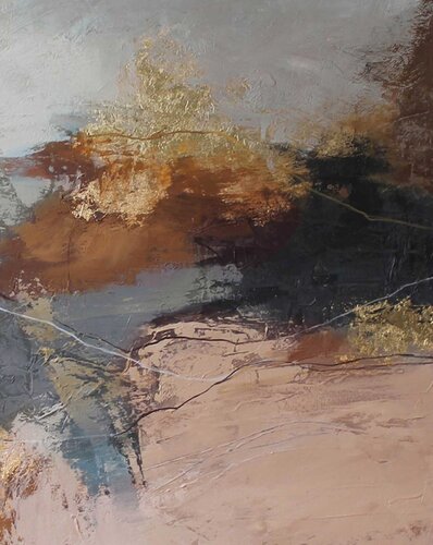 " Orange Flight 4 " Abstract beige brown gray acrylic art van Yana Sagan, Schilderij te koop op Singulart