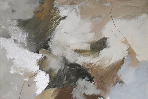 " Flock " Gray brown beige abstract acrylic art di Yana Sagan, Pittura in vendita su Singulart