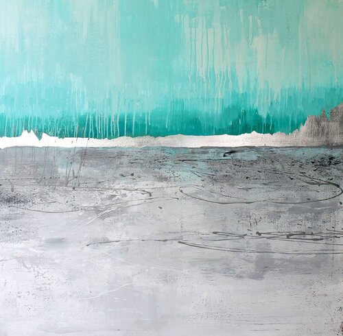 " Lake " Abstract teal blue silver acrylic art by Yana Sagan, Painting for Sale on Singulart