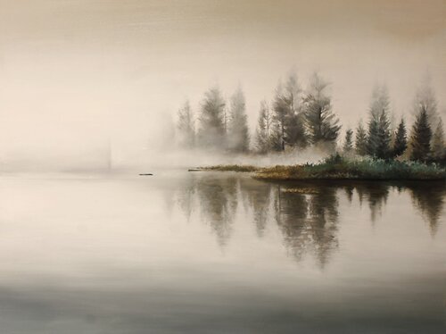 " River fog " River minimalist oil art par Yana Sagan, Peinture en vente sur Singulart