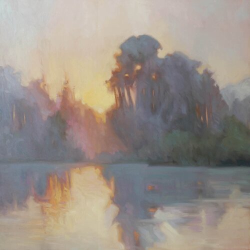"Evening fog" River gray orange oil landscape von Yana Sagan, Malerei kaufen auf Singulart
