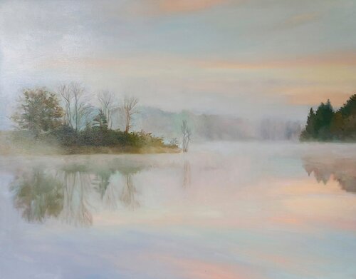 "River Fog 3" River blue beige oil landscape de Yana Sagan, Pintura a la venta en Singulart