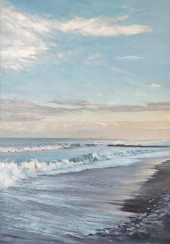 "Sea" Blue white seashore oil landscape di Yana Sagan, Pittura in vendita su Singulart