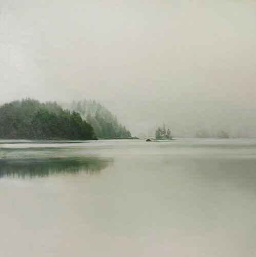" River Fog 4 " River green forest oil landscape de Yana Sagan, Pintura a la venta en Singulart