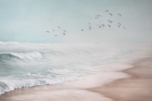 " Sea vibes 2 " Blue beige coast landscape oil art van Yana Sagan, Schilderij te koop op Singulart