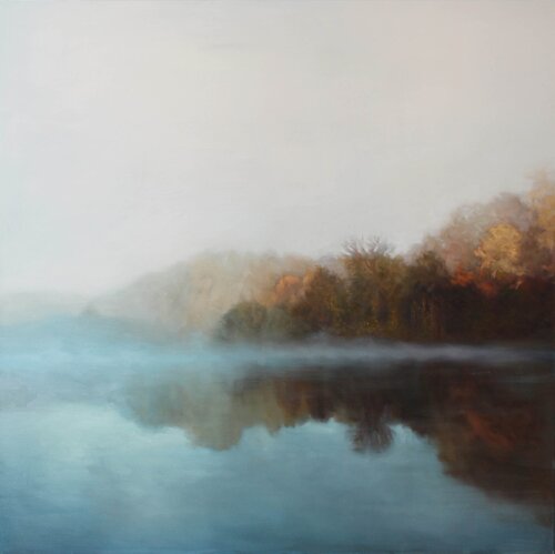 " Morning fog " River neutral oil art par Yana Sagan, Peinture en vente sur Singulart
