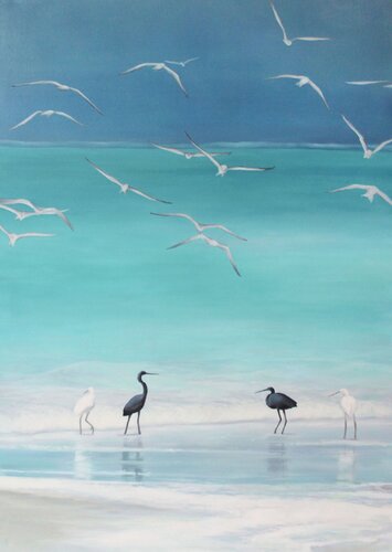 " Cattle Egret " Turquoise seascape oil art de Yana Sagan, Pintura a la venta en Singulart