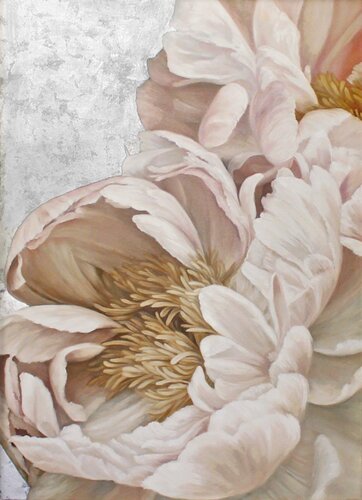 " Silk Flowers " Pink and silver peonies oil art de Yana Sagan, Pintura a la venta en Singulart