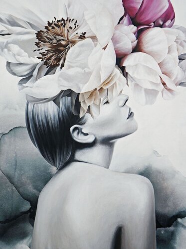" Spring Impressions " Woman's face peony oil art di Yana Sagan, Pittura in vendita su Singulart