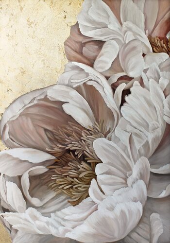 " Golden Silk Flowers " Gold pink white peony oil art by Yana Sagan, Painting for Sale on Singulart