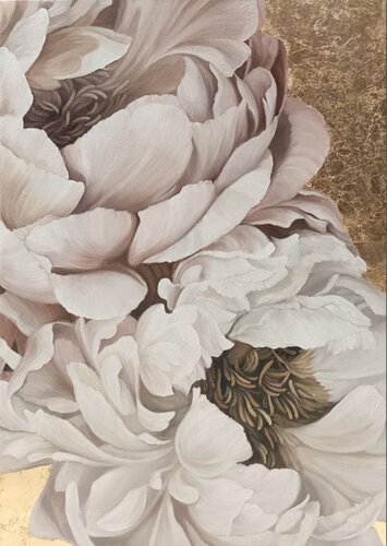 " Golden Silk Flowers 2 " White pink gold oil flowers by Yana Sagan, Painting for Sale on Singulart
