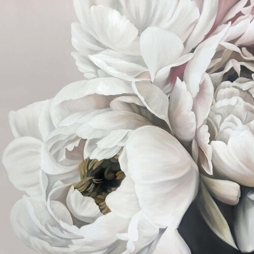 " Gray Silk Peonies " White gray flower oil art Yana Sagan