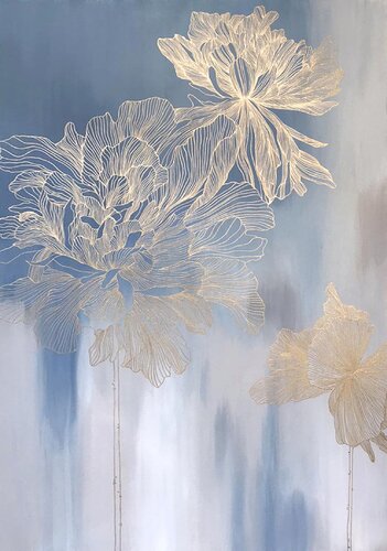 " Thinness 2 "  Abstract flower beige blue acrylic art van Yana Sagan, Schilderij te koop op Singulart