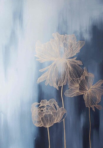 " Thinness 3 " Navy gold flower abstract acrylic art van Yana Sagan, Schilderij te koop op Singulart