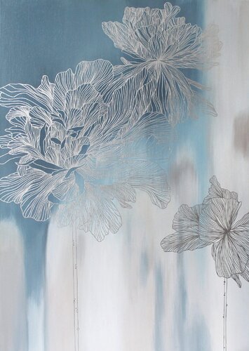 " Silver Thinness 2 " Floral blue silver abstract acrylic art di Yana Sagan, Pittura in vendita su Singulart