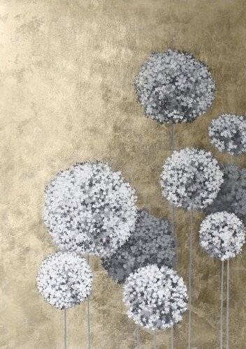 " Gold Flower Balls " Abstract gold gray hydrangea acrylic art von Yana Sagan, Malerei kaufen auf Singulart