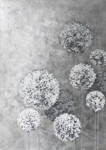 " Gray Flower Balls " Hydrangea silver gray abstract acrylic canvas art van Yana Sagan, Schilderij te koop op Singulart