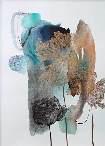 " Thincord " Abstract flowers gold navy acrylic art di Yana Sagan, Pittura in vendita su Singulart
