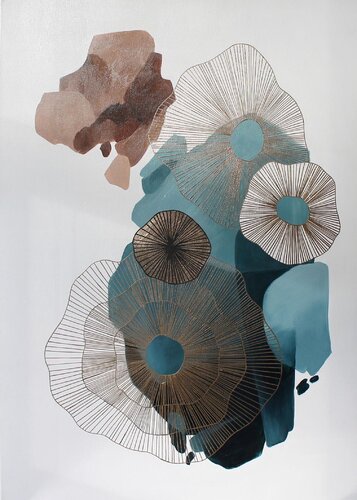 " Golden molecules 2 " Blue gold acrylic abstract minimal art di Yana Sagan, Pittura in vendita su Singulart