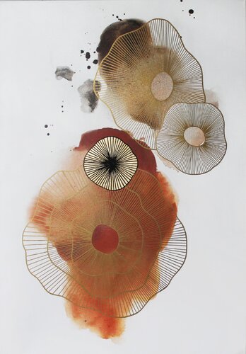 " Golden Molecules 4 " Gold orange abstract minimal acrylic art von Yana Sagan, Malerei kaufen auf Singulart