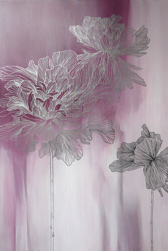 " Pink Thinness 2 "  Pink silver flowers abstract acrylic art van Yana Sagan, Schilderij te koop op Singulart