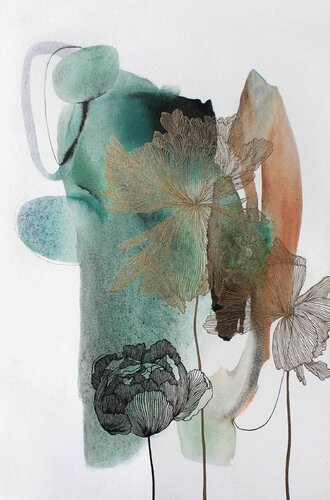 " Green Thincord "  Green gold flowers abstract acrylic art di Yana Sagan, Pittura in vendita su Singulart