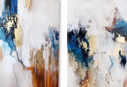 " Flow Set " Set of 2 abstract blue and gold acrylic art van Yana Sagan, Schilderij te koop op Singulart