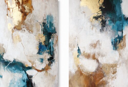 " Flux Set " Set of 2 abstract blue brown and gold acrylic art di Yana Sagan, Pittura in vendita su Singulart