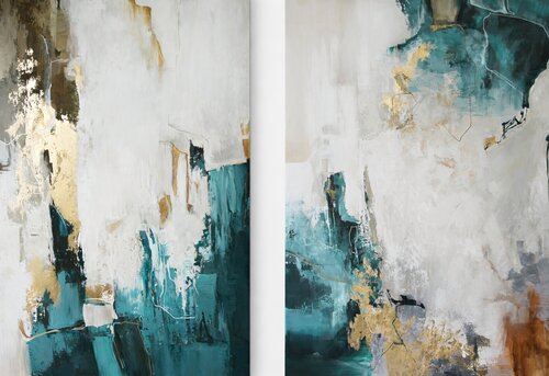 " Teal Bloom Set " Abstract turquoise and gold acrylic art set of 2 van Yana Sagan, Schilderij te koop op Singulart