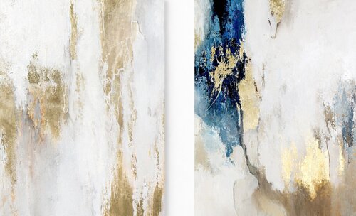 " Polarity 3 " Abstract white, gold and blue acrylic art set of 2 van Yana Sagan, Schilderij te koop op Singulart