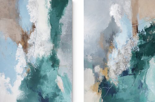 " East West Coast Set " Set of 2 abstract green gray acrylic art van Yana Sagan, Schilderij te koop op Singulart