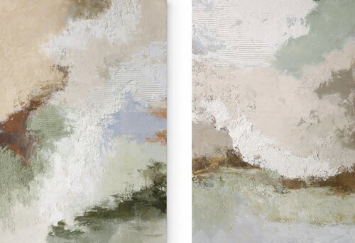 " Beige Fjord Set " Acrylic abstract beige sage green high textured art set of 2 van Yana Sagan, Schilderij te koop op Singulart