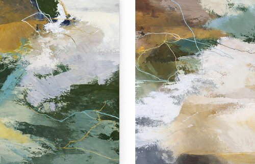 " Green Glory 2 set " Abstract green brown acrylic art set of 2 van Yana Sagan, Schilderij te koop op Singulart