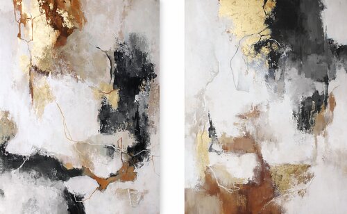 " Gray Flux Set " Gray and gold abstract set of 2 acrylic art di Yana Sagan, Pittura in vendita su Singulart