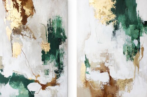 " Green Flux Set " Set of 2 abstract green and gold acrylic art di Yana Sagan, Pittura in vendita su Singulart