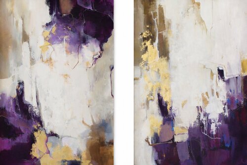 " Bloom Set " Set of 2 abstract purple and gold acrylic art van Yana Sagan, Schilderij te koop op Singulart