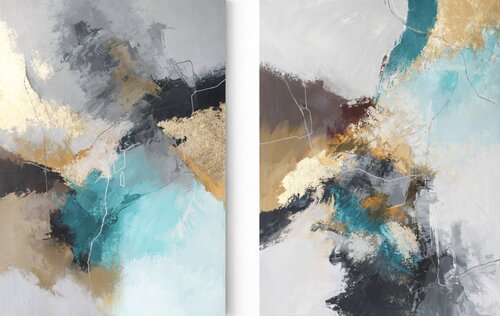 " Blue Rime Set " Abstract teal gray and gold acrylic art set of 2 van Yana Sagan, Schilderij te koop op Singulart