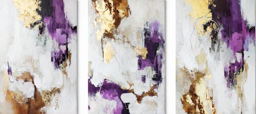 " Pink Flux Set of 3 "  Abstract purple and gold acrylic art set of 3 van Yana Sagan, Schilderij te koop op Singulart