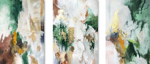 " Green Glory Set of 3 "  Abstract green brown and gold acrylic art set of 3 van Yana Sagan, Schilderij te koop op Singulart