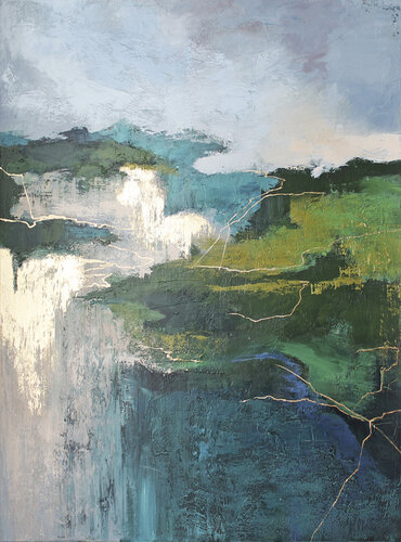" Aspen " Green and gold abstract nature acrylic art van Yana Sagan, Schilderij te koop op Singulart