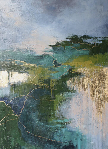 " Aspen 2 " Abstract nature green and gold acrylic art van Yana Sagan, Schilderij te koop op Singulart